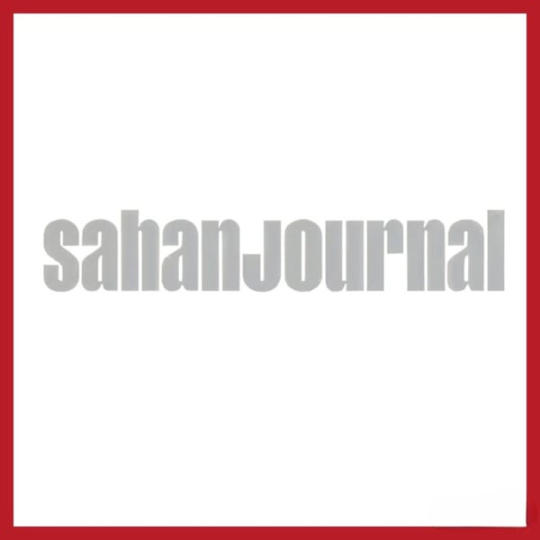 The text "sahanjournal" in gray against a white background, framed by a red border.