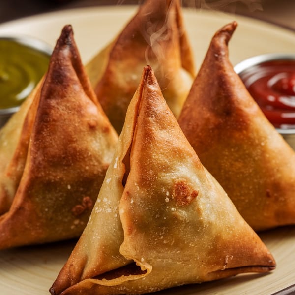 Steaming hot samosas with green and red chutneys, ready to be enjoyed at Zait & Za'atar.