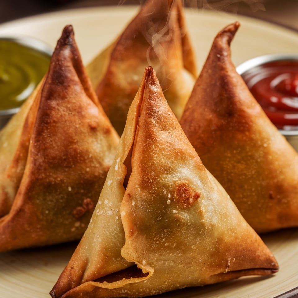 Steaming hot samosas with green and red chutneys, ready to be enjoyed at Zait & Za'atar.