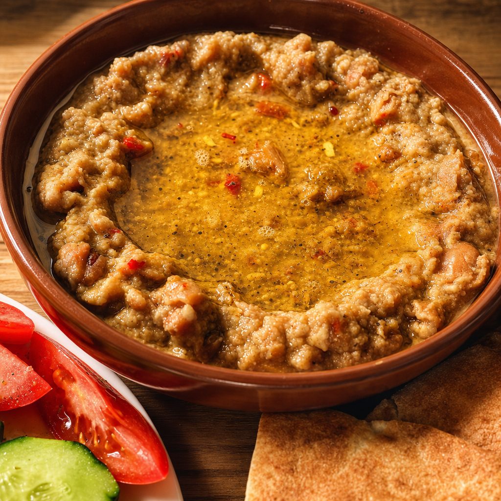 Foul Mudammas with Pita Bread.