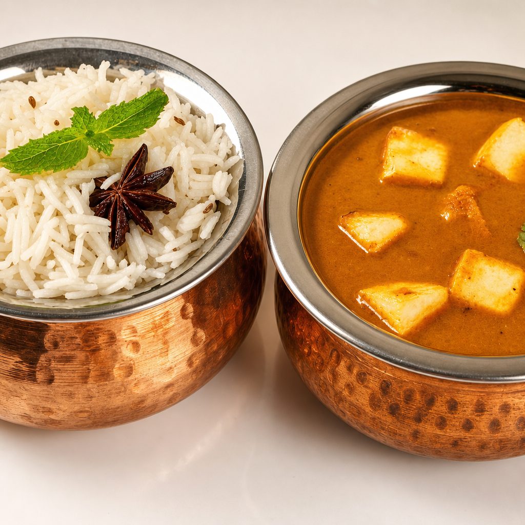 Paneer Butter Masala and White Rice.